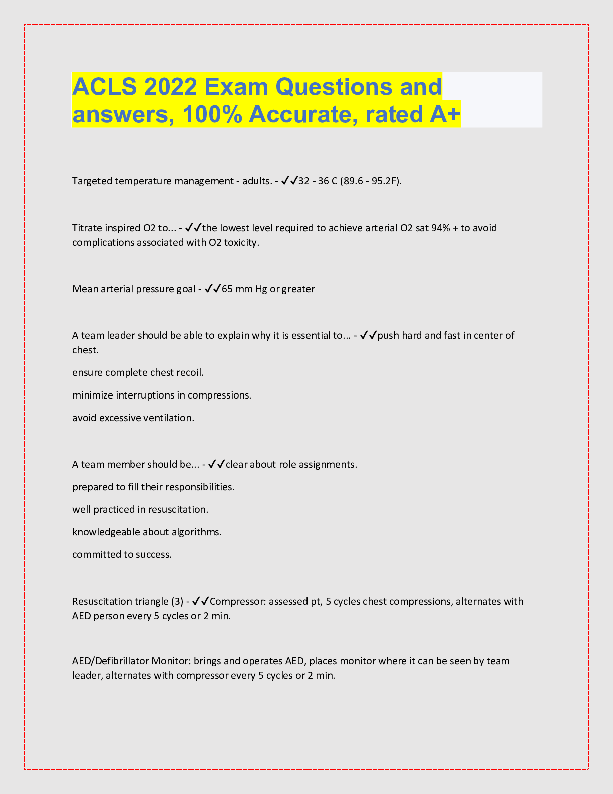 Preview of ACLS 2022 Exam Questions and  answers, 100% Accurate, rated A+